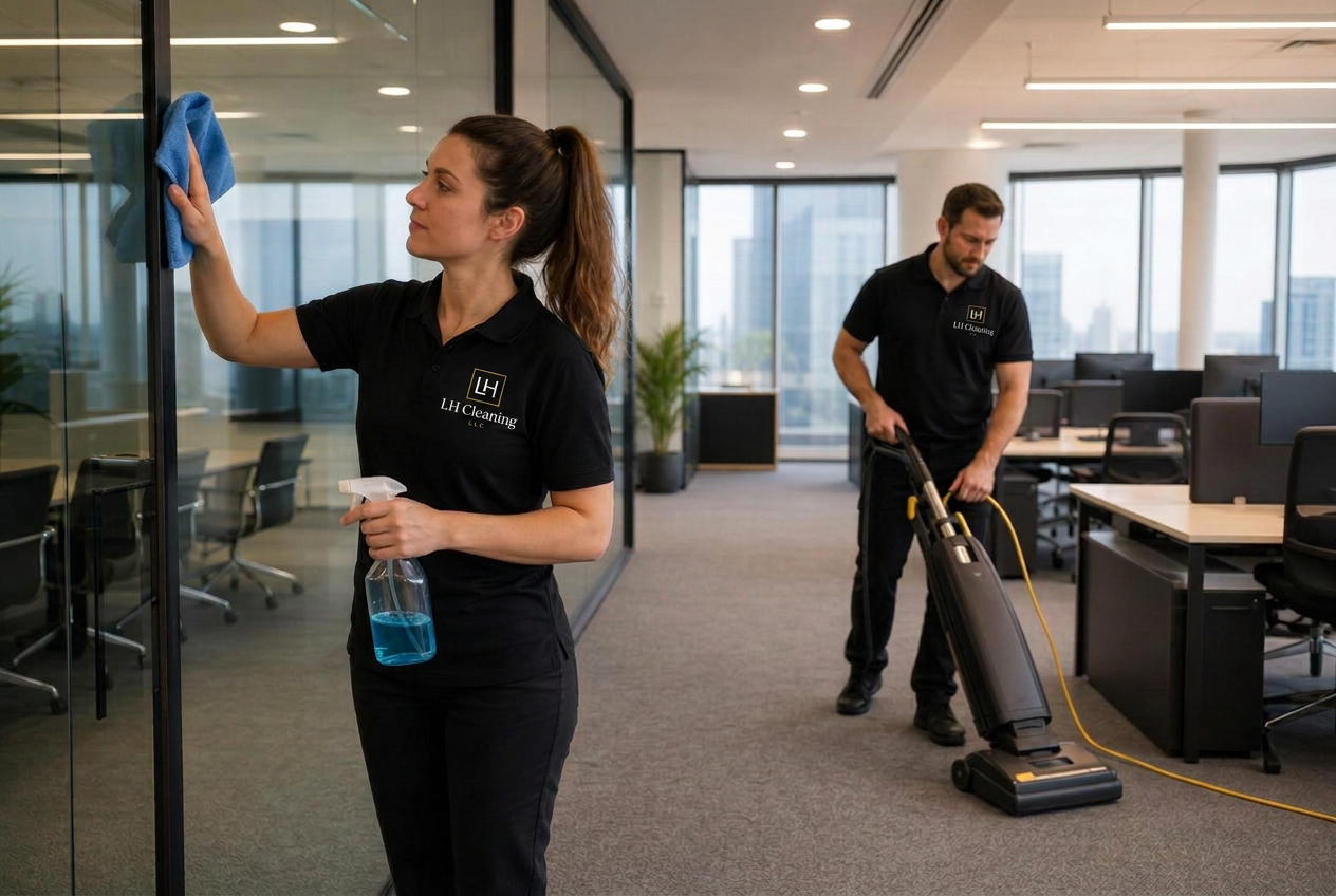 LH Cleaning team in branded black polos cleaning a modern corporate office